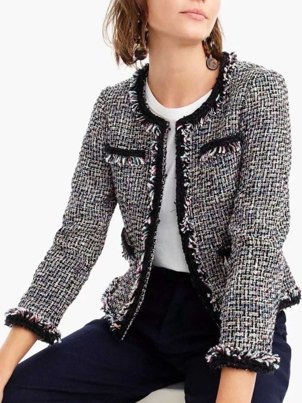 J. Crew Lady metallic tweed multicolor fringe business casual boho blazer size 6